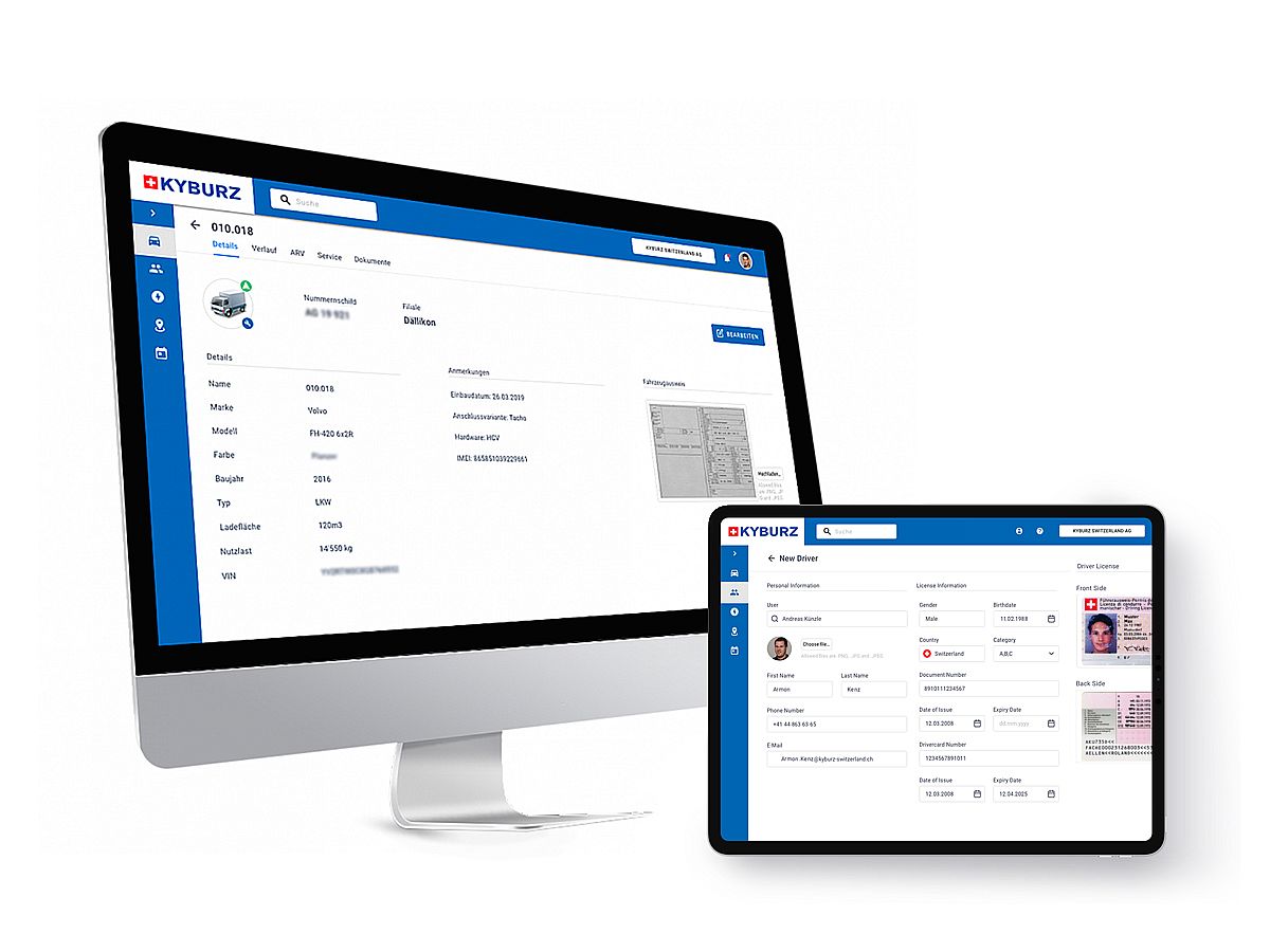 Fahrzeugverwaltung Desktop Ansicht. Fahrer Ansicht auf iPad links neben dem iMac