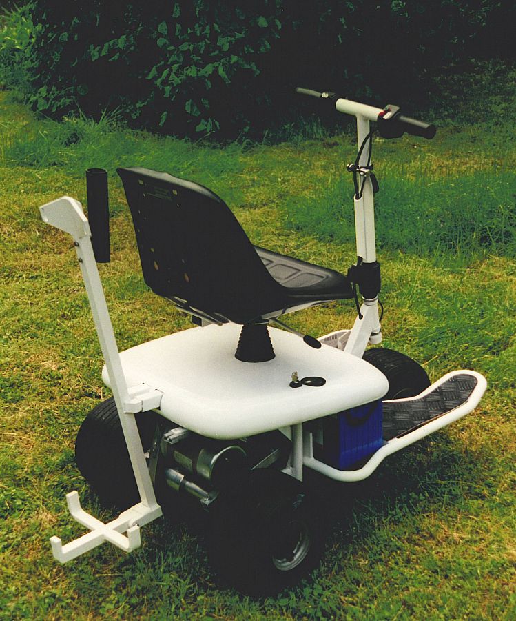 une voiture de golf à trois roues photographiée de dos dans une prairie.